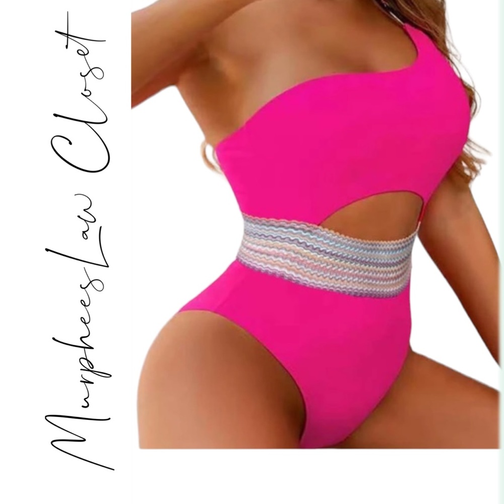 SHEIN | Chevron Tape Ring Linked Cut-out One Piece Swimsuit | L